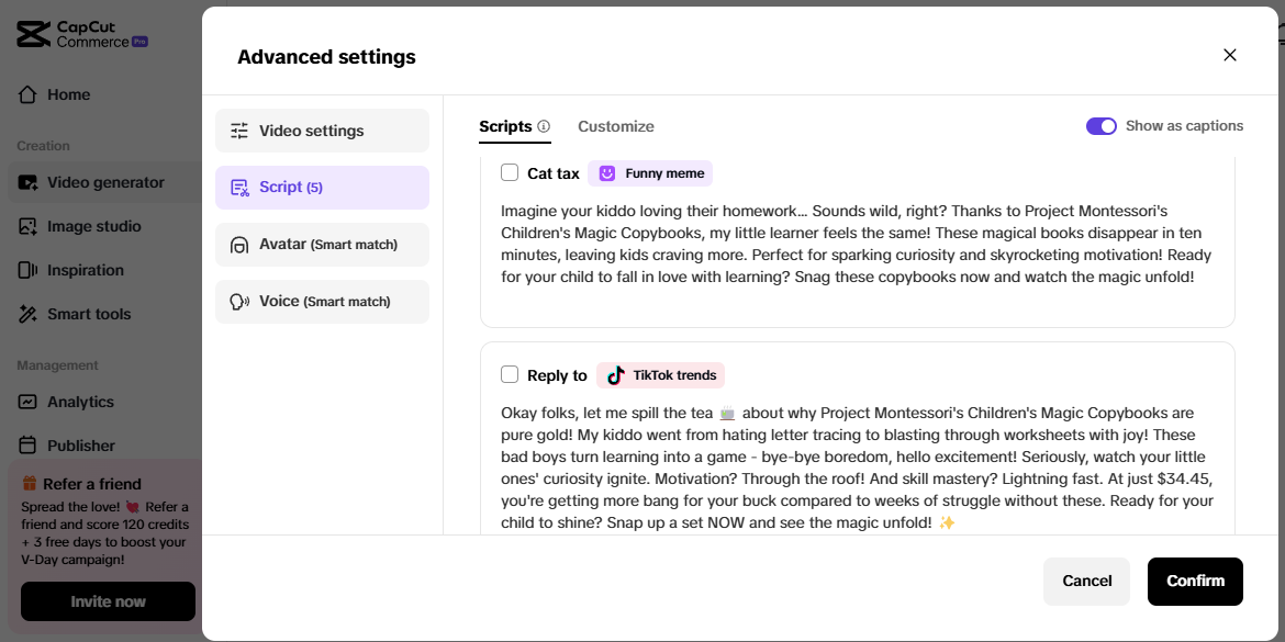 Pippit interface displaying script options, useful for faceless YouTube channel ideas and content automation.